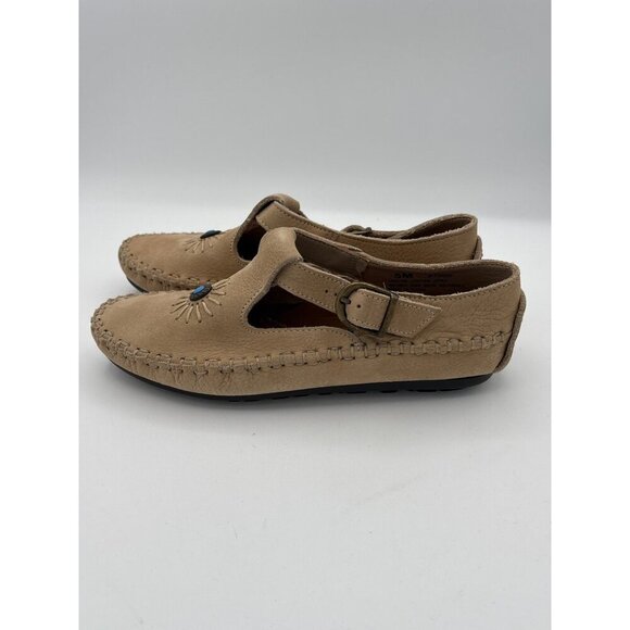 Vintage Hush Puppies Womens Leather Embroidered Moccasin Flats Size 5M Beige - Picture 3 of 5
